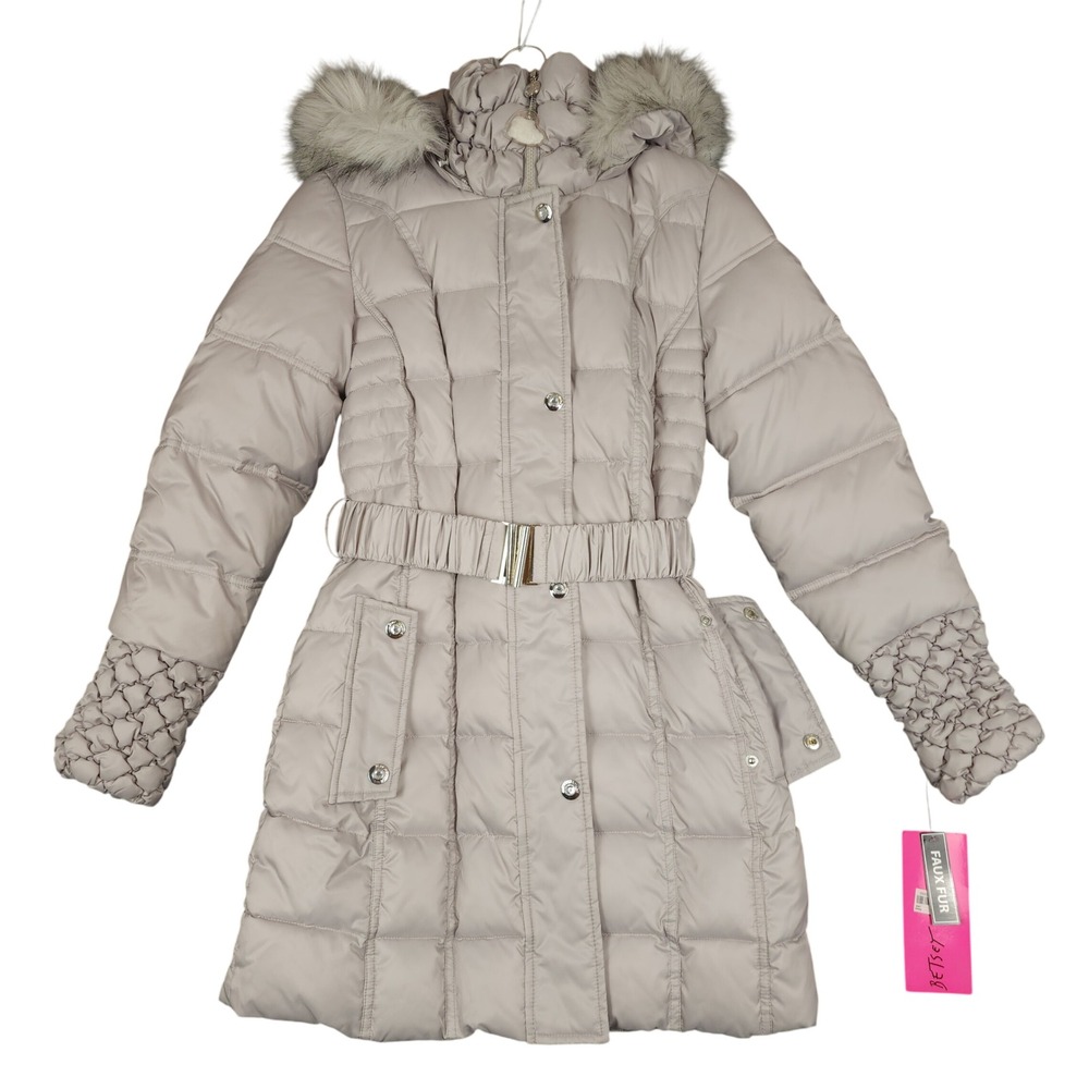 Betsey Johnson Light Taupe Quilted Puffer Coat with Faux Fur Hood